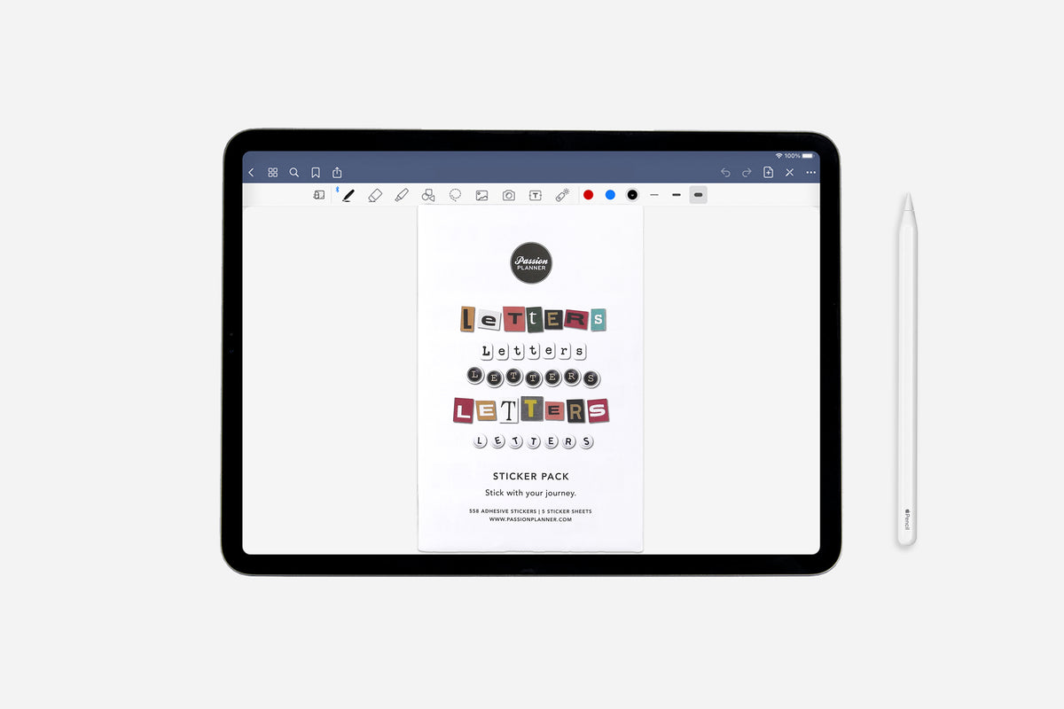 Tablet with design software displaying a sticker pack on a white background