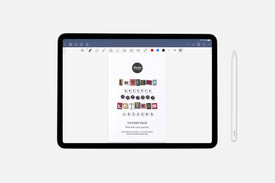 Tablet with design software displaying a sticker pack on a white background
