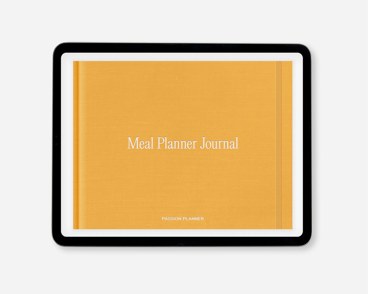 A yellow-orange digital meal planner journal shown on a tablet, featuring the text 'Meal Planner Journal' in white on the cover.