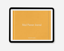 A yellow-orange digital meal planner journal shown on a tablet, featuring the text 'Meal Planner Journal' in white on the cover.