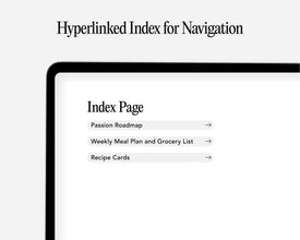 A digital preview of a hyperlinked index page displayed on a laptop screen mockup. The page features black text on a white background with navigation links including 'Passion Roadmap', 'Weekly Meal Plan and Grocery List', and 'Recipe Cards'.
