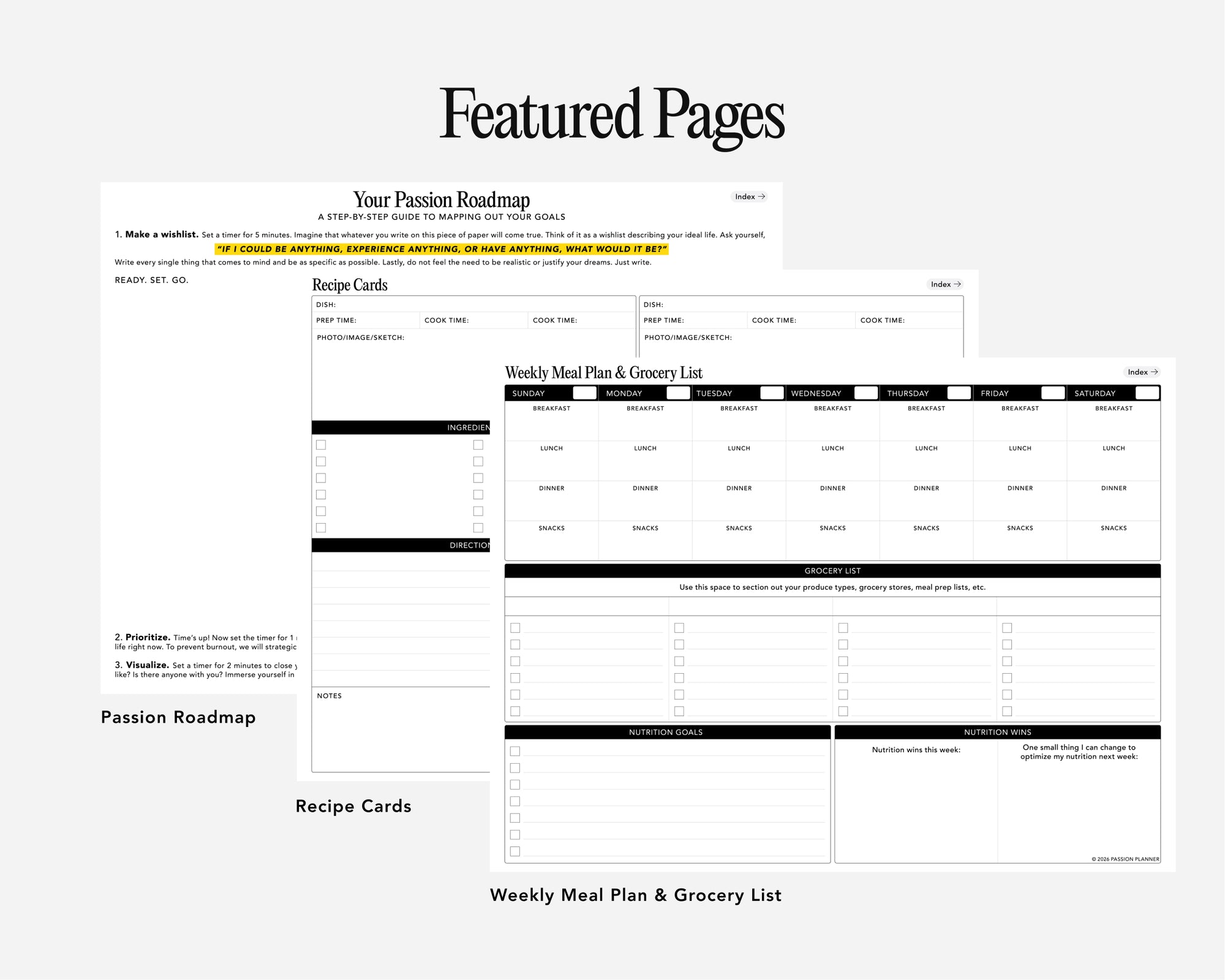 A digital preview of digital journal pages titled 'Featured Pages' on a light gray background. The pages include a 'Passion Roadmap' worksheet, 'Recipe Cards,' and a 'Weekly Meal Plan & Grocery List' template.