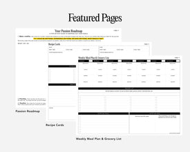 A digital preview of digital journal pages titled 'Featured Pages' on a light gray background. The pages include a 'Passion Roadmap' worksheet, 'Recipe Cards,' and a 'Weekly Meal Plan & Grocery List' template.
