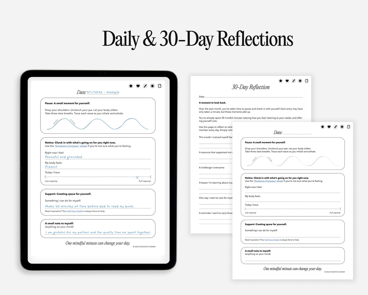 Digital reflection planner pages shown on a tablet mockup and floating sheets, titled 'Daily & 30-Day Reflections' on a light gray background.