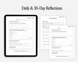 Digital reflection planner pages shown on a tablet mockup and floating sheets, titled 'Daily & 30-Day Reflections' on a light gray background.