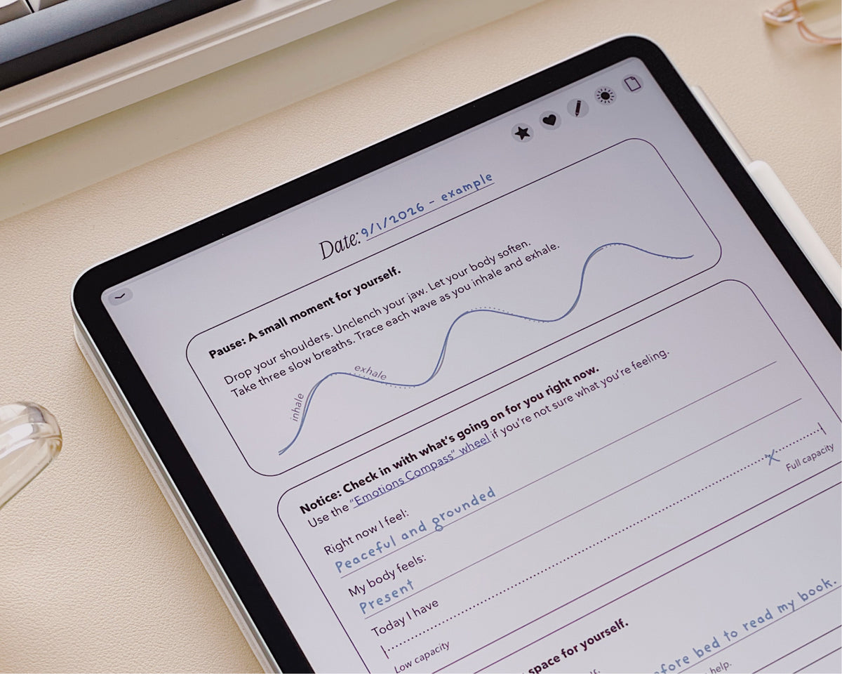 A tablet device displaying a daily digital journaling worksheet on a light beige desk surface.