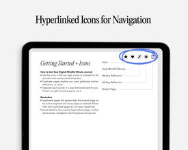 A tablet mockup displaying a digital journal navigation interface with hyperlinked icons and text, under the heading 'Hyperlinked Icons for Navigation' on a light gray background.
