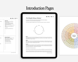 A digital mockup showing an iPad with a journaling guide page titled 'The Mindful Minute Method,' flanked by partial preview pages on both sides, under the heading 'Introduction Pages' on a light gray background.