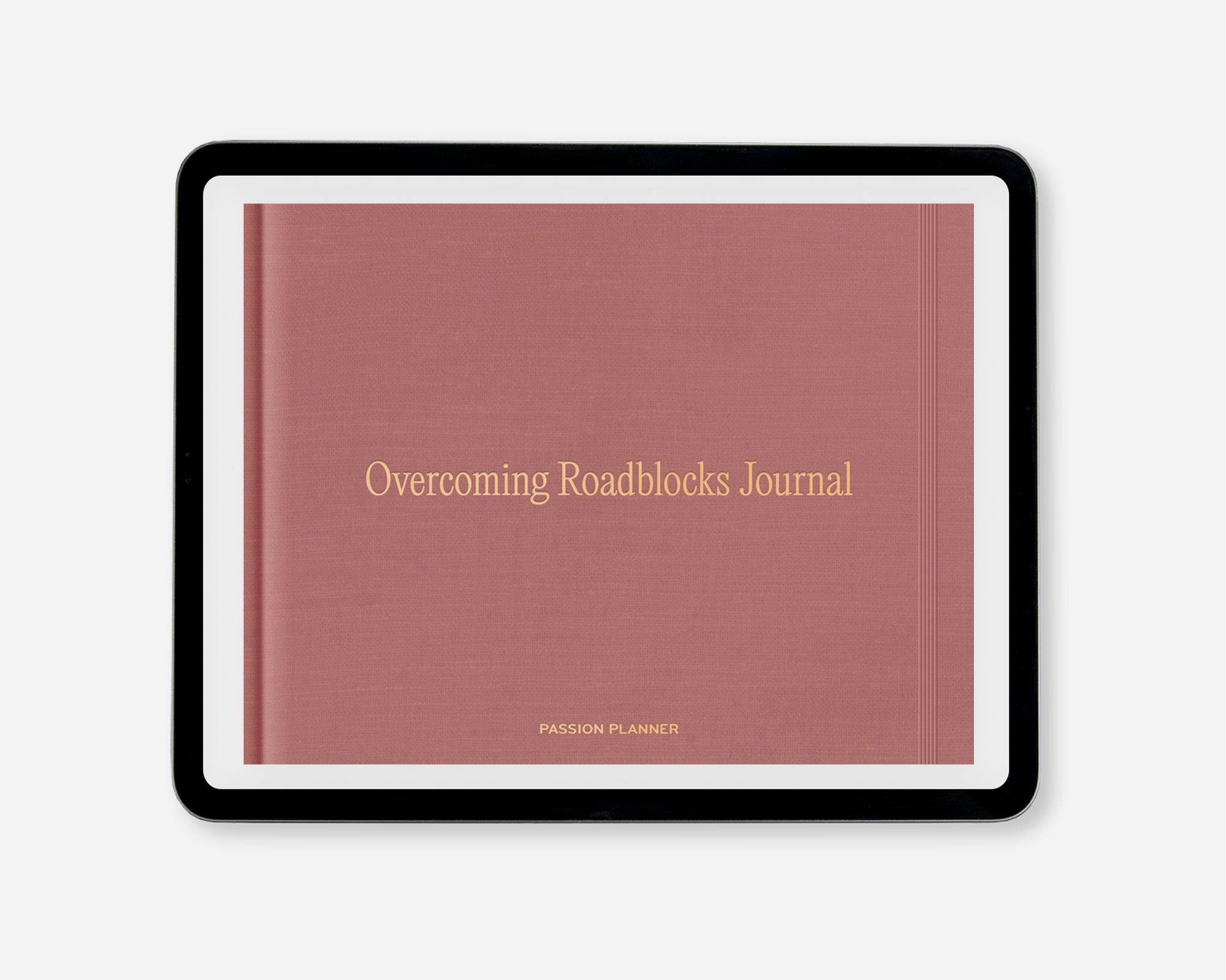 A digital journal titled 'Overcoming Roadblocks Journal' with a dusty rose cover and gold lettering, framed in a black tablet on a light gray background.