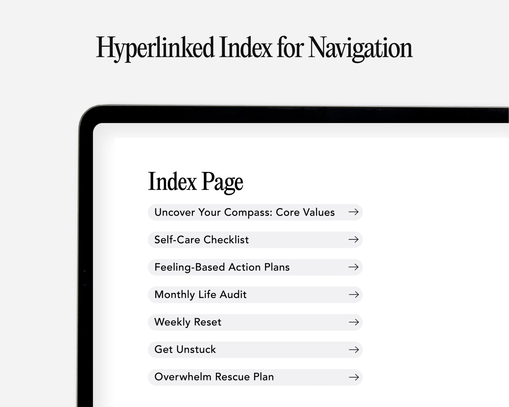 A close-up of a tablet screen showing a navigation index page with text links such as 'Index Page,' 'Uncover Your Compass: Core Values,' 'Self-Care Checklist,' and others, under the heading 'Hyperlinked Index for Navigation.'.