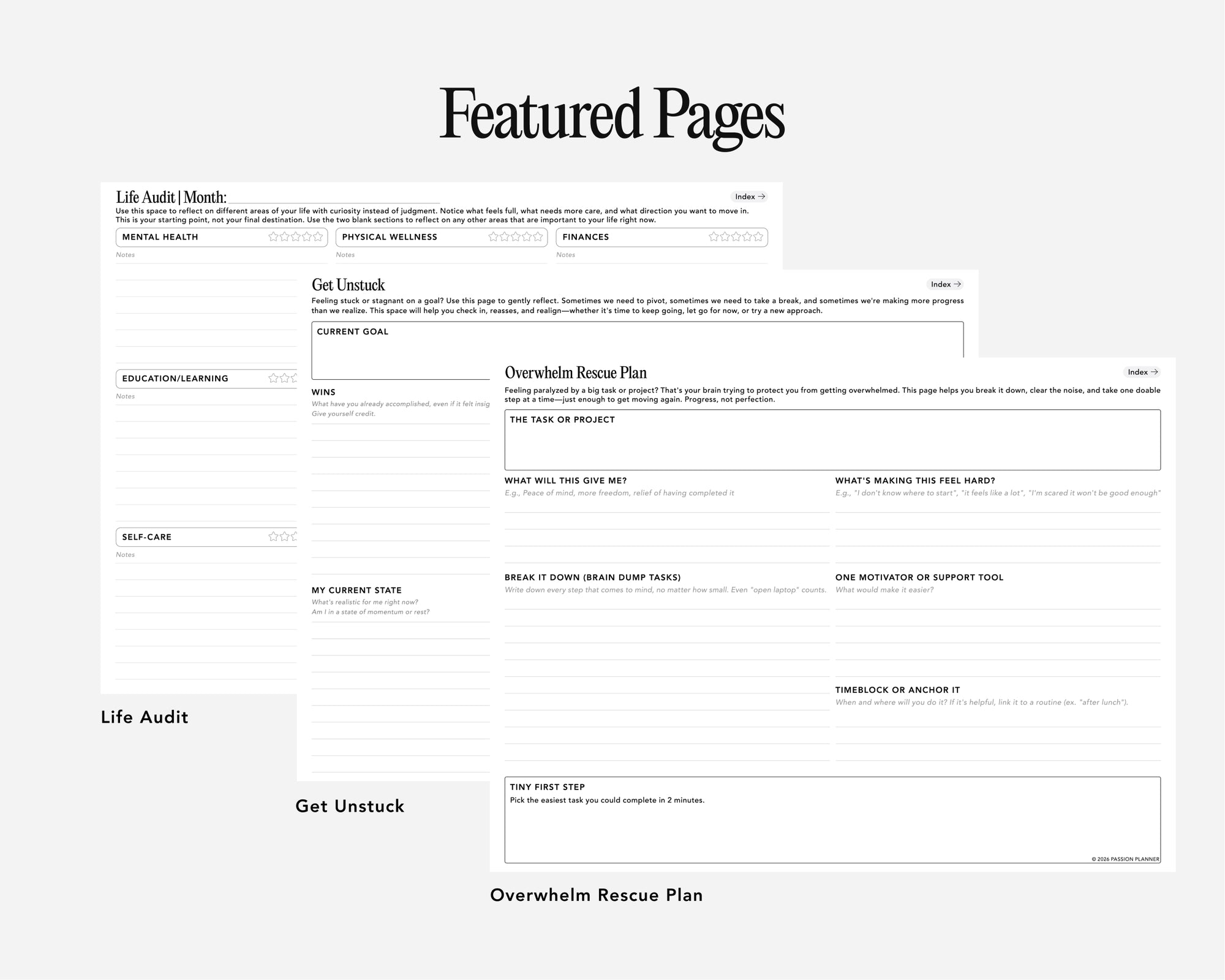 A 'Featured Pages' preview for a digital journal with several labeled pages such as Life Audit, Get Unstuck, and Overwhelm Rescue Plan, shown on a light gray background.