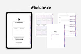Digital mockup of a planner app interface with various templates on a tablet screen.