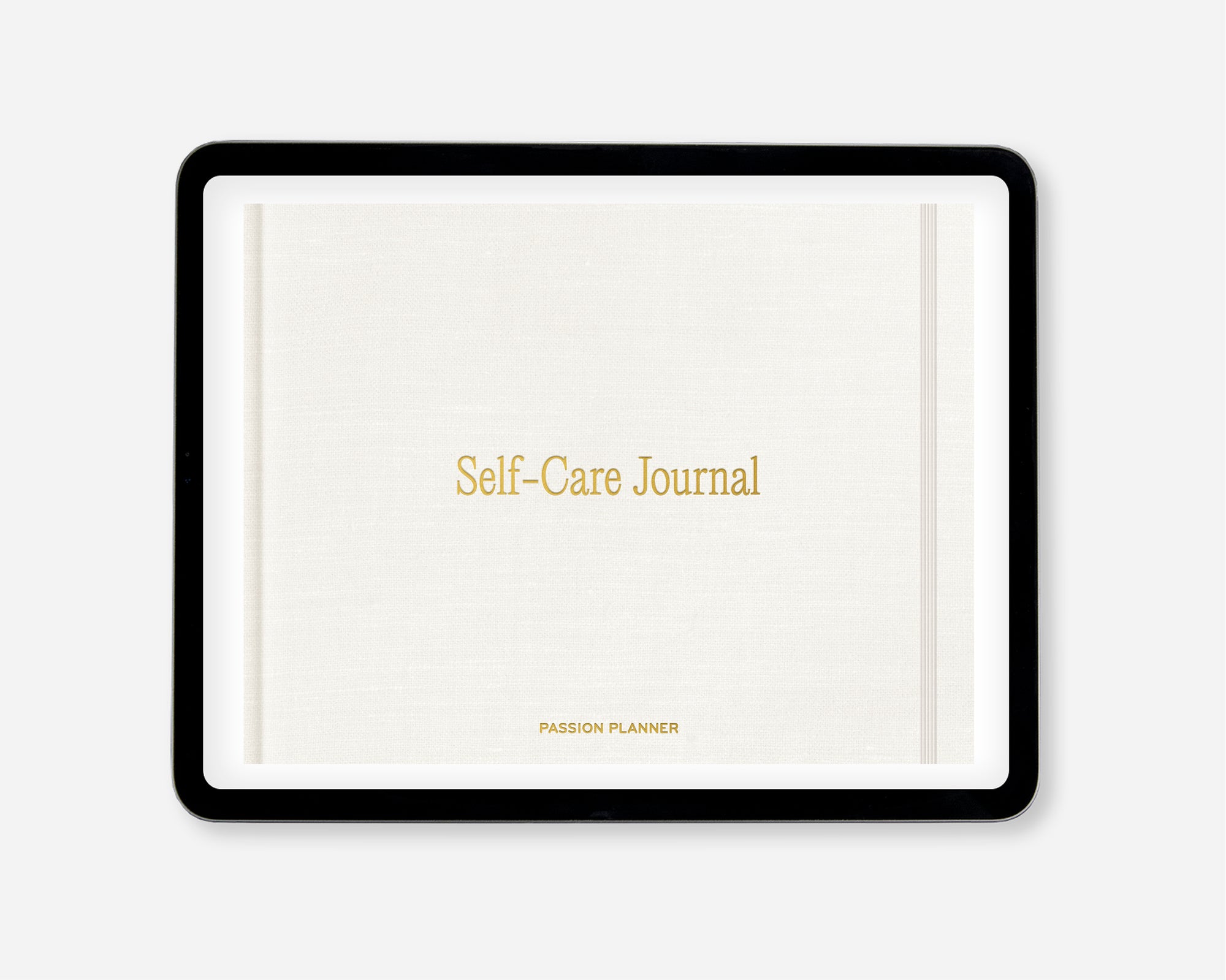 A digital self-care journal with a white cover shown on a tablet screen and gold text reading 'Self-Care Journal' and 'PASSION PLANNER' on a light gray background.