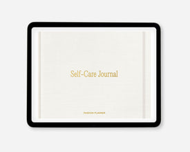 A digital self-care journal with a white cover shown on a tablet screen and gold text reading 'Self-Care Journal' and 'PASSION PLANNER' on a light gray background.