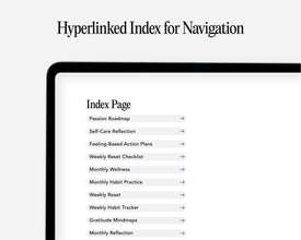 A digital preview of an index page for navigation, shown on a black-framed tablet device screen against a light gray background. The text reads 'Hyperlinked Index for Navigation' with a list of pages including Passion Roadmap, Self-Care Reflection, Feeling-Based Action Plans, Weekly Reset Checklist, Monthly Wellness, Monthly Habit Practice, Weekly Reset, Weekly Habit Tracker, Gratitude Mindmaps, and Monthly Reflection.