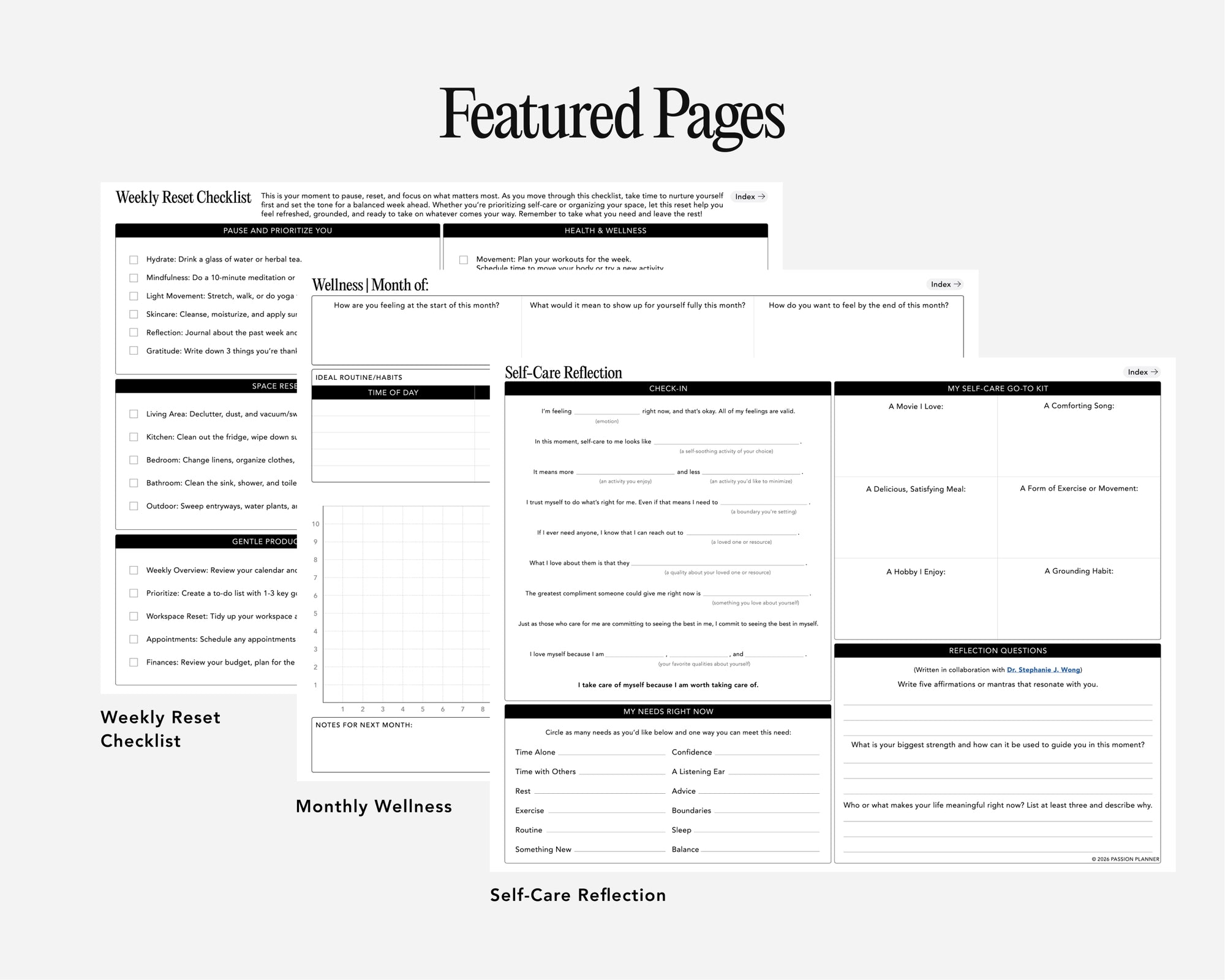 A digital preview sheet titled 'Featured Pages' showing several black-and-white digital worksheets arranged on a light gray background.