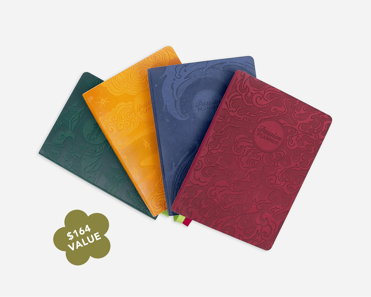 Four embossed planner covers in dark green, yellow, navy blue, and burgundy red, arranged in a fan shape on a light gray background with a '$164 VALUE' badge in the bottom-left corner.
