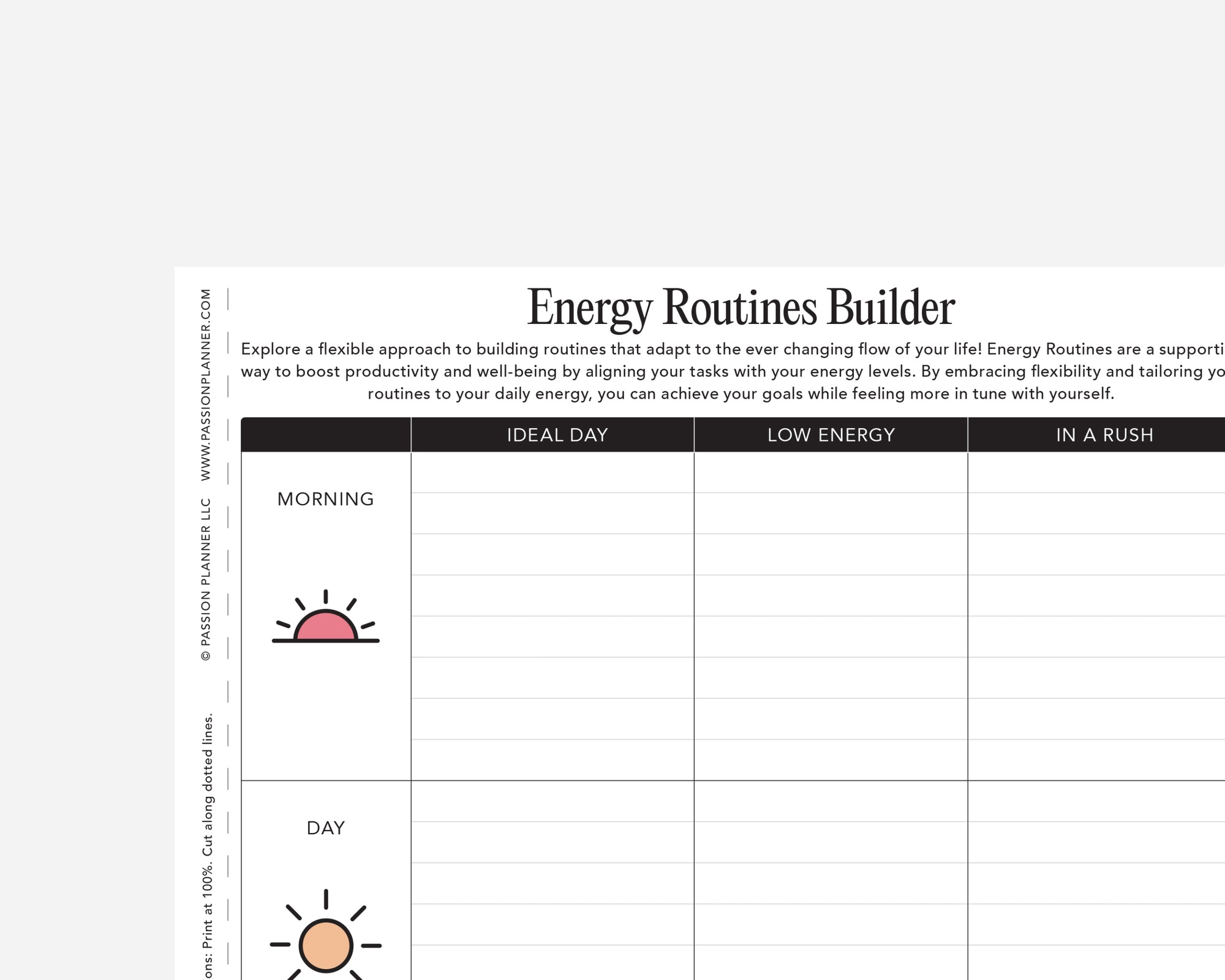 Energy Routines Builder worksheet with different energy levels and corresponding activities.