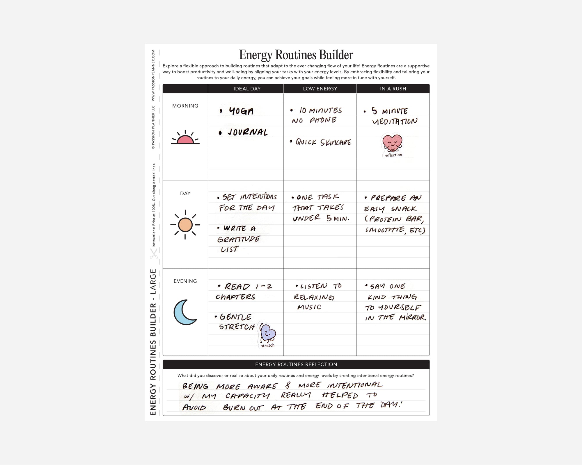 Energy Routines Builder planner sheet with daily activities listed on a white background