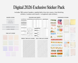 Digital 2026 Exclusive Sticker Pack with various planner stickers on a white background