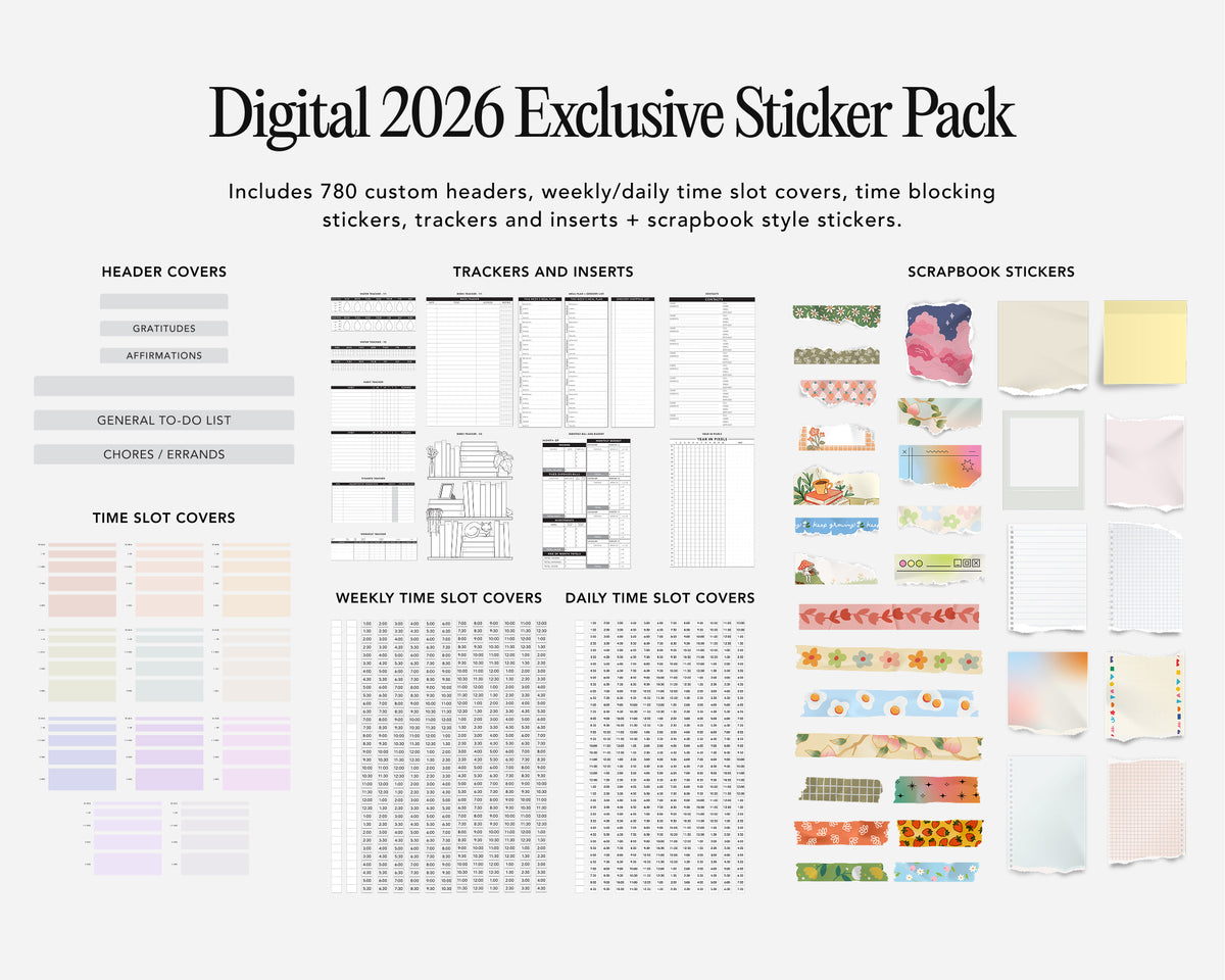 Digital 2026 Exclusive Sticker Pack with various planner stickers on a white background