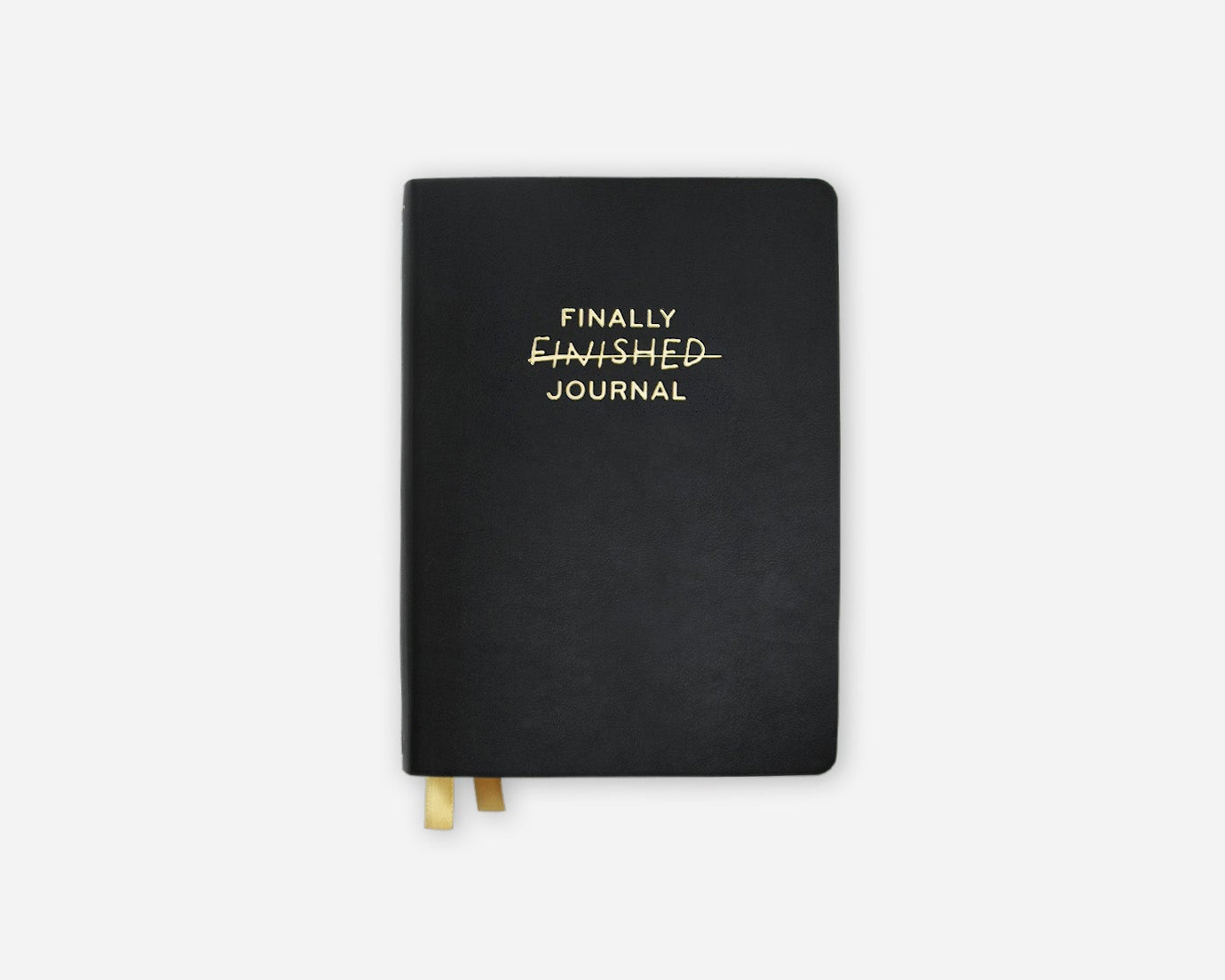 Black journal with 'FINALLY FINISHED JOURNAL' text on a white background