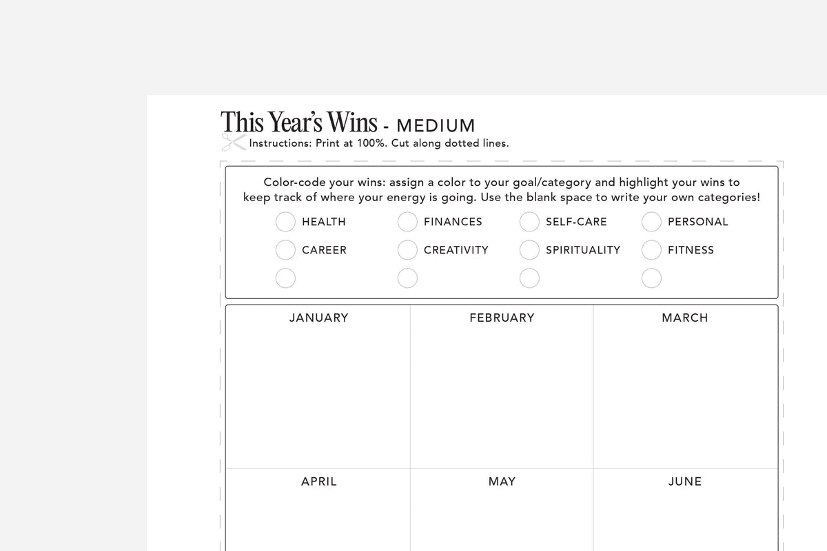 Blank worksheet titled 'This Year's Wins' with categories and months for tracking personal goals.