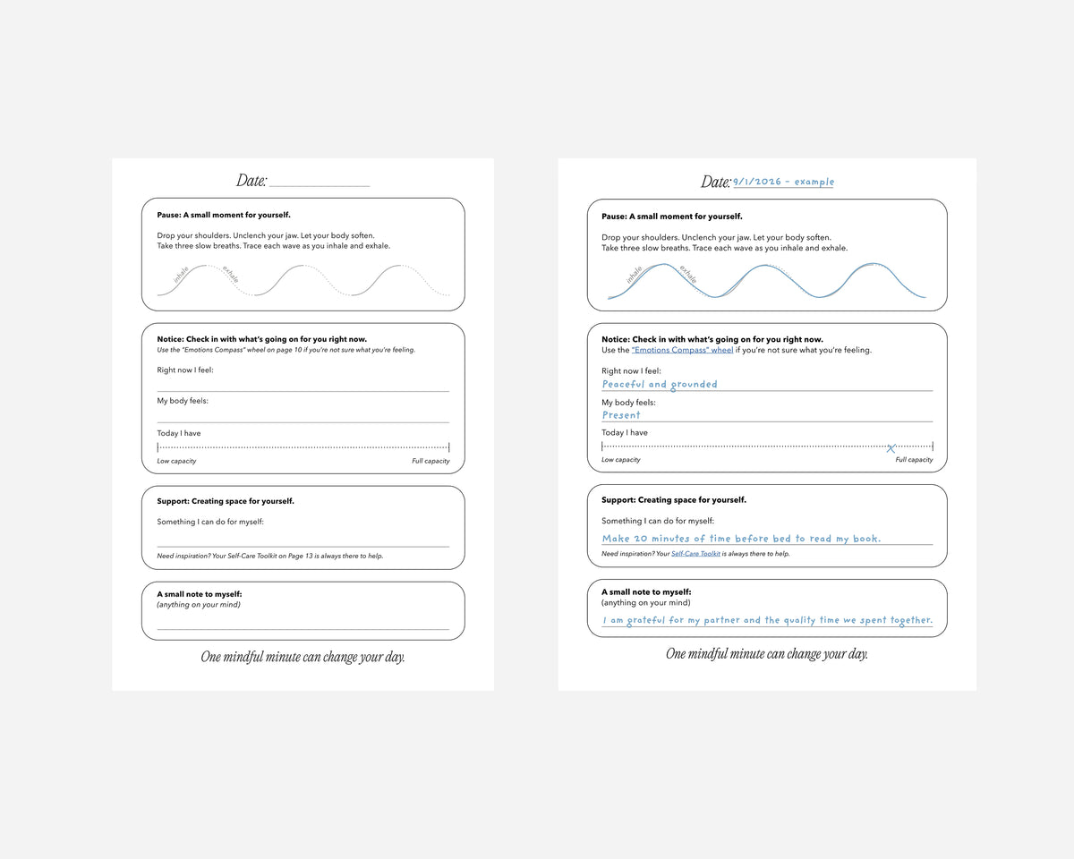 Two printable daily reflection pages shown side by side on a light gray background. Each card has a white background with black and blue text, plus simple line drawings and boxes for writing prompts such as 'Pause,' 'Notice,' 'Support,' and 'A small win to reflect.
