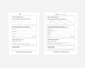 Two printable daily reflection pages shown side by side on a light gray background. Each card has a white background with black and blue text, plus simple line drawings and boxes for writing prompts such as 'Pause,' 'Notice,' 'Support,' and 'A small win to reflect.