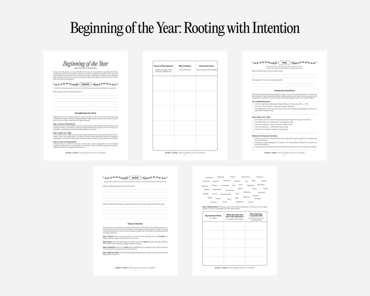 Pages from a document titled 'Beginning of the Year: Rooting with Intention' on a white background.