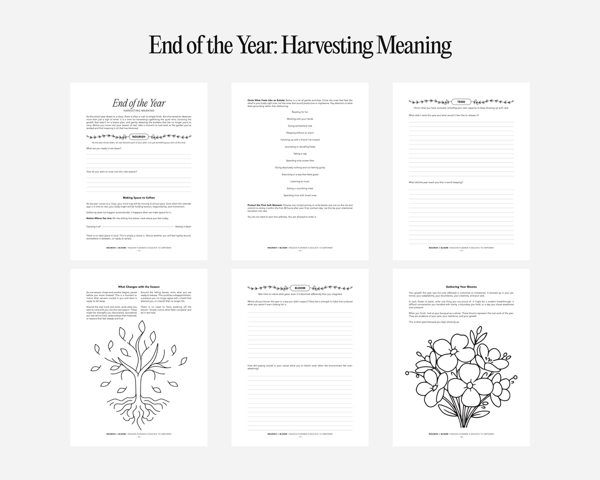 Free teacher downloads with text and illustrations titled 'End of the Year: Harvesting Meaning' on a white background.