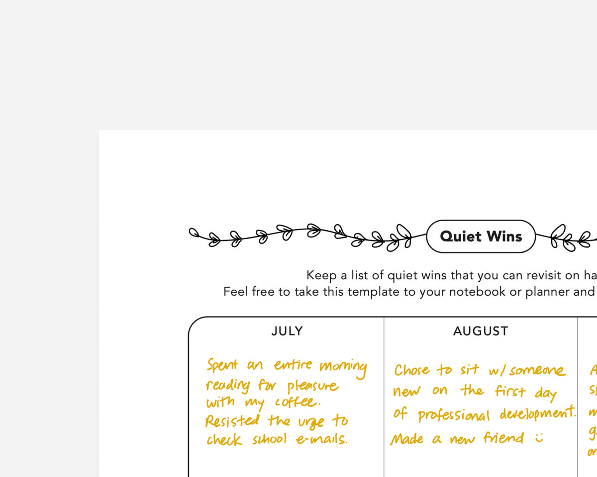 A teacher companion printable pdf with "quiet wins" on a white background. 