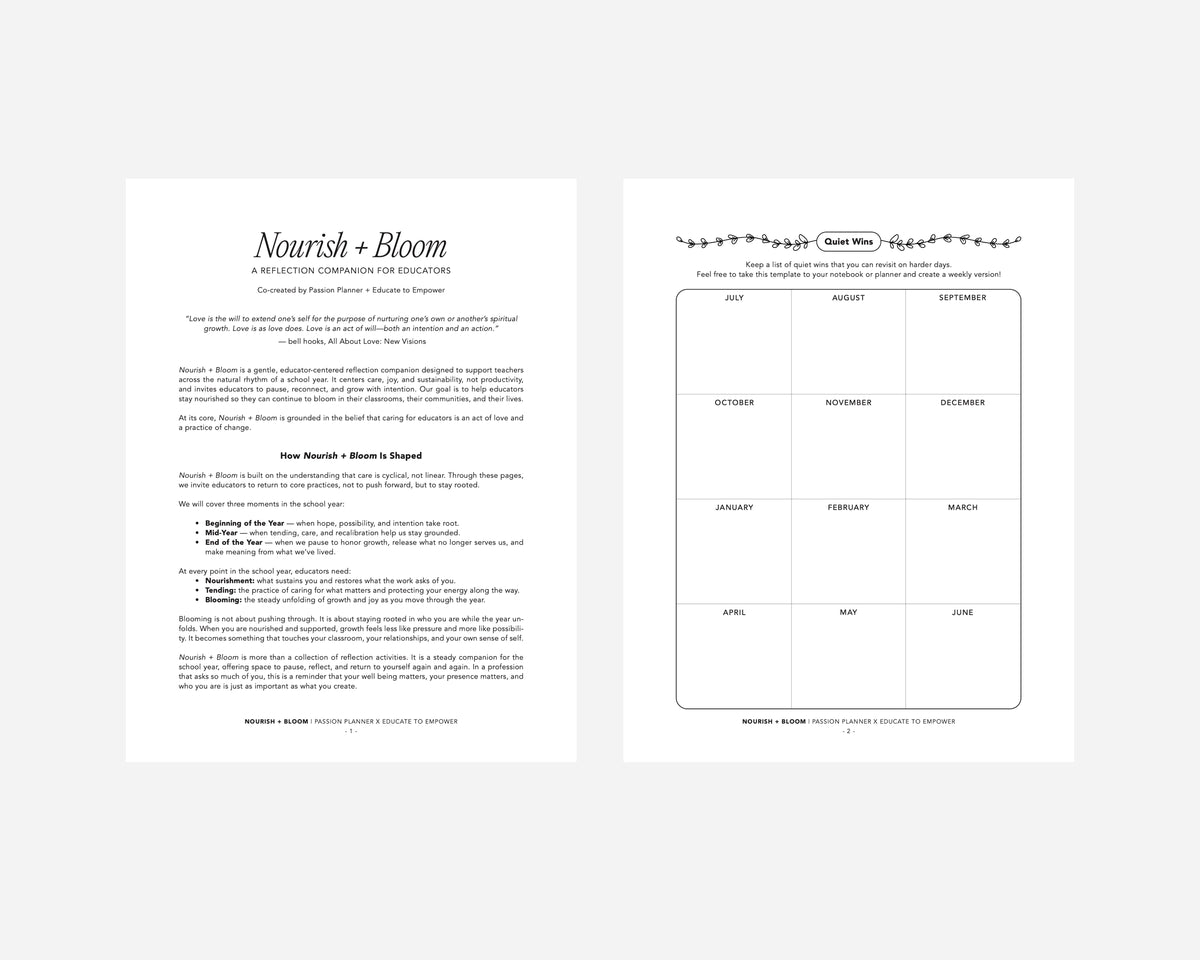 Two pages of a free teacher resource organizational guide with text and a quiet wins layout on a white background.