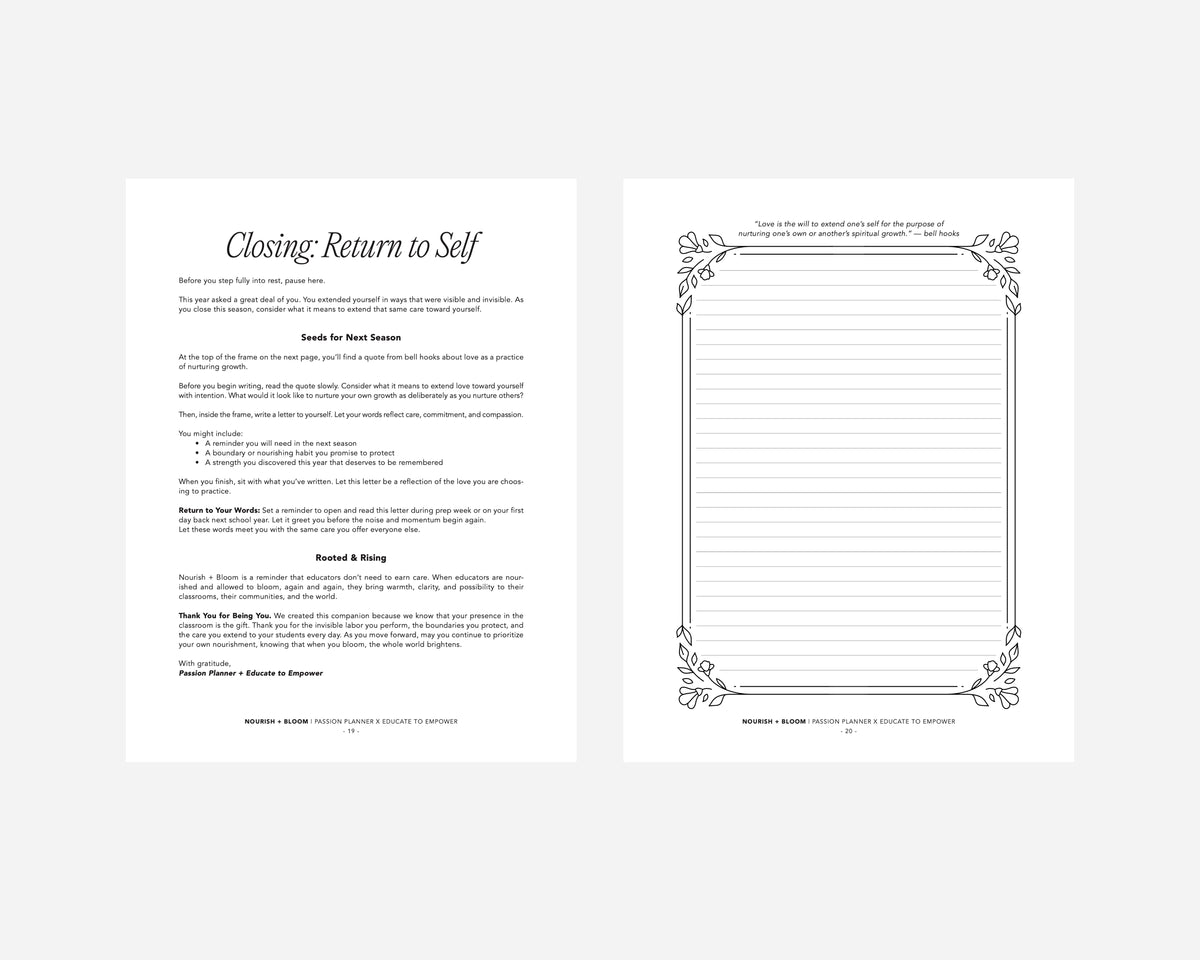 Two pages from the Nourish and Bloom worksheet with text and decorative elements on a white background.