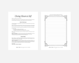 Two pages from the Nourish and Bloom worksheet with text and decorative elements on a white background.