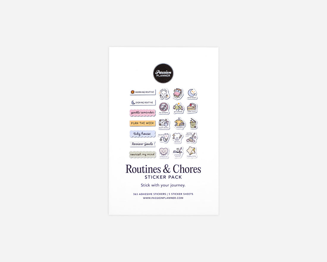 Sticker pack for routines and chores with various icons on a white background