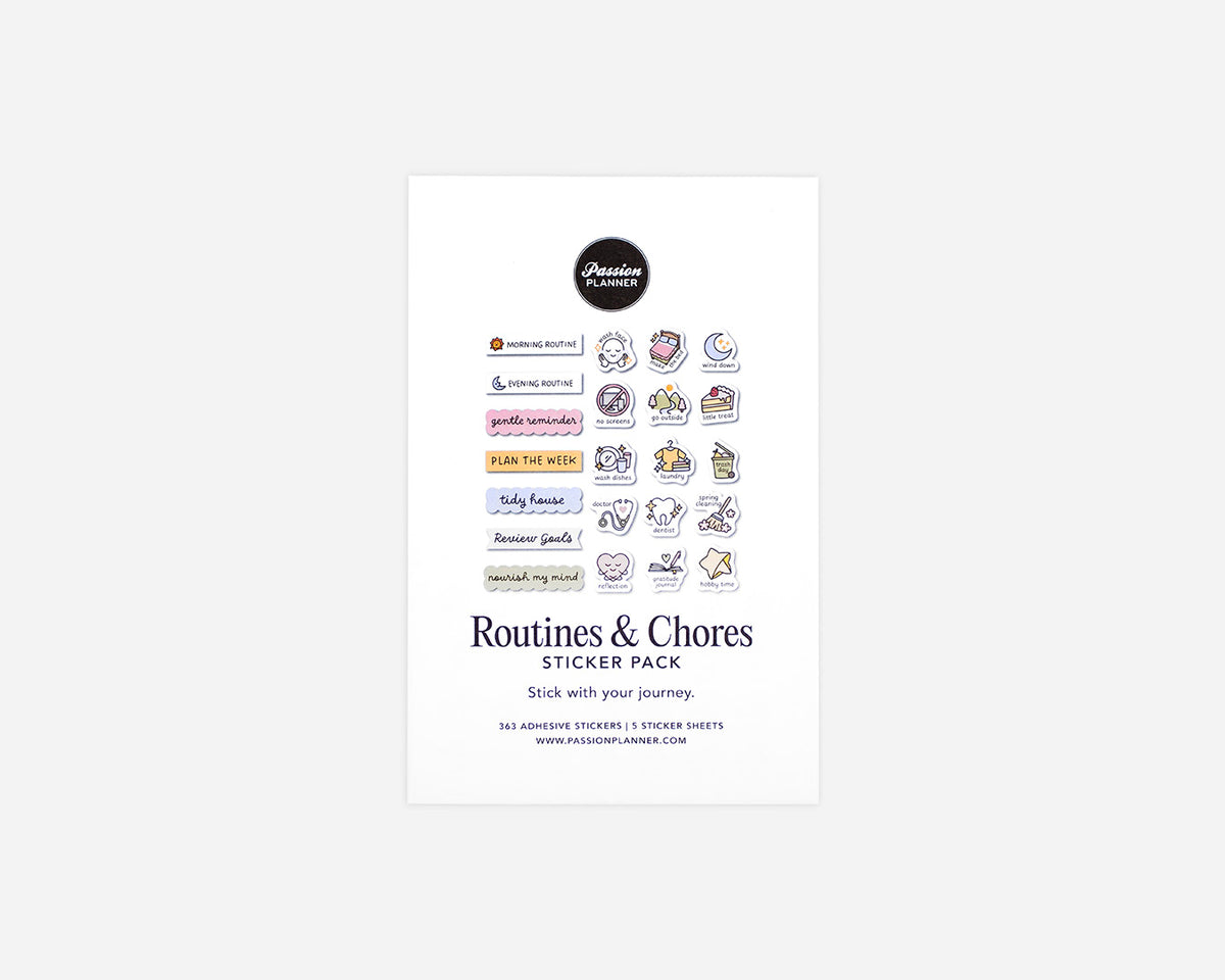 Sticker pack for routines and chores with various icons on a white background
