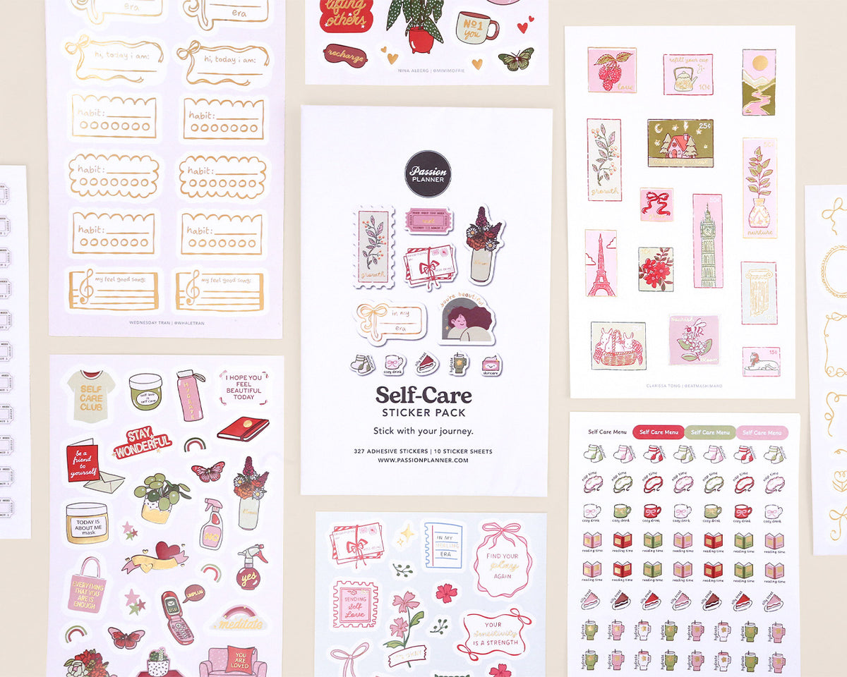 Collection of self-care themed stickers on a cream background