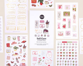 Collection of self-care themed stickers on a cream background
