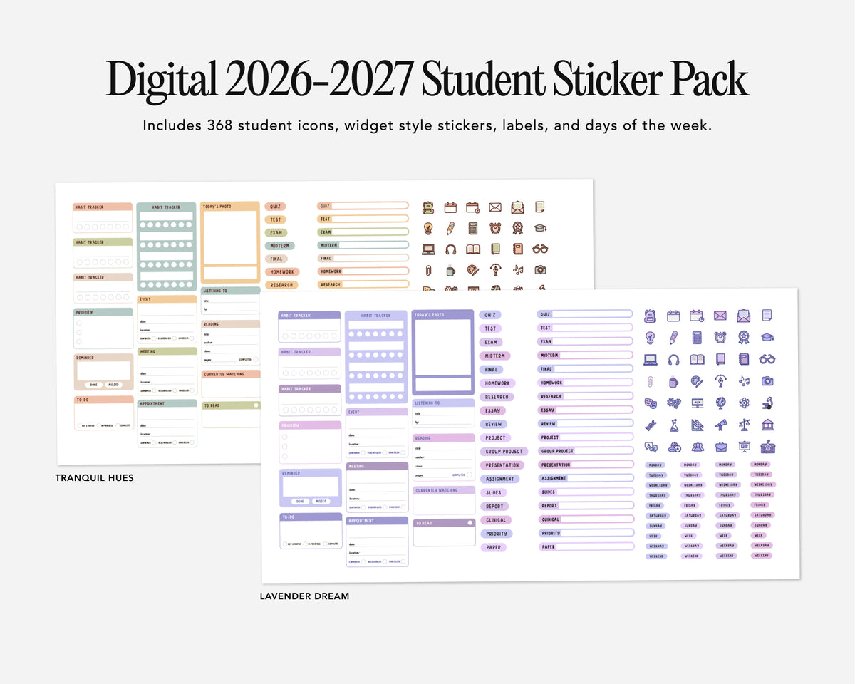 Digital 2026-2027 Student Sticker Pack with various icons and labels on a white background.