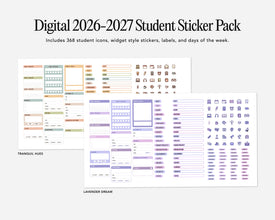 Digital 2026-2027 Student Sticker Pack with various icons and labels on a white background.