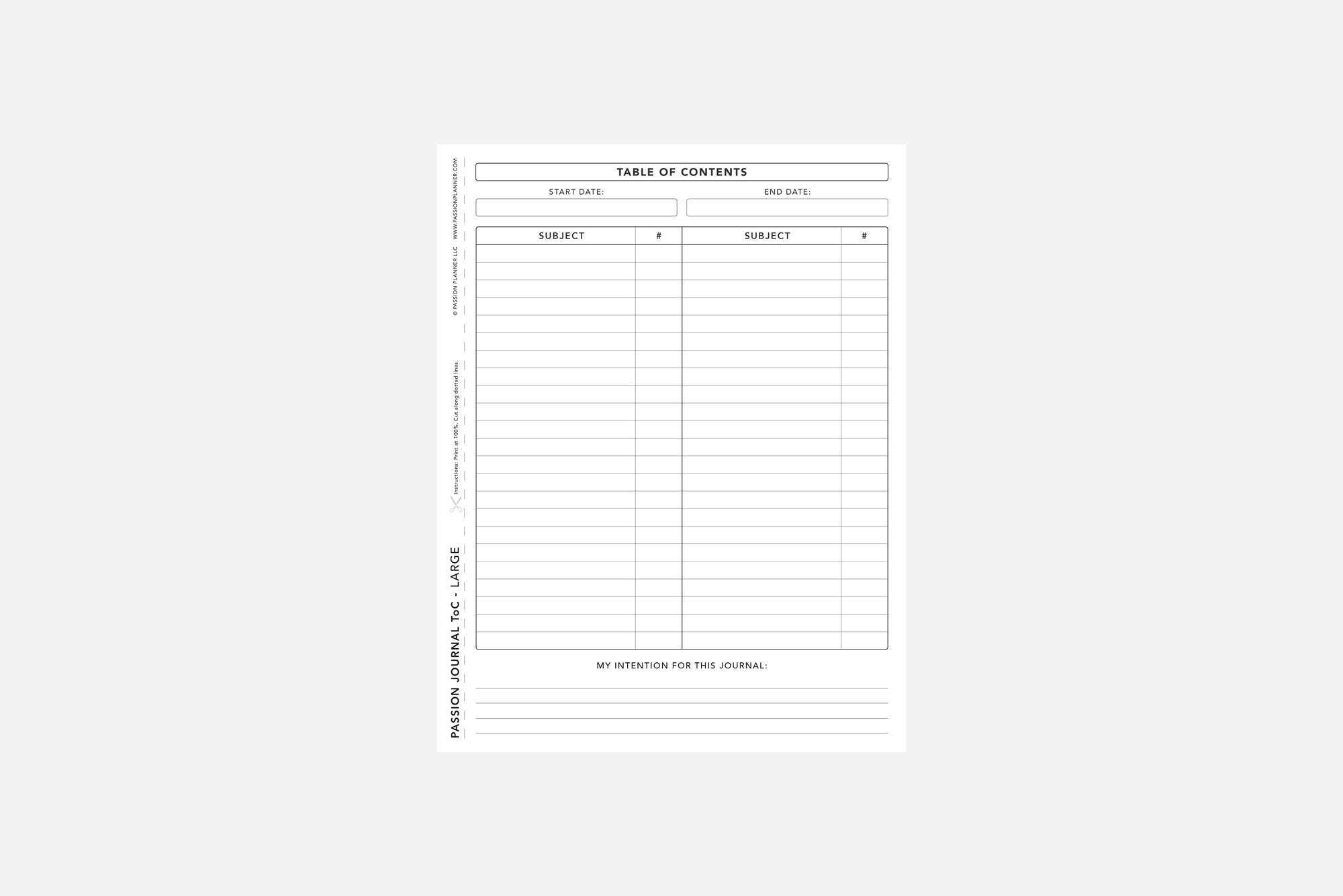Passion Journal Table of Contents - Passion Planner