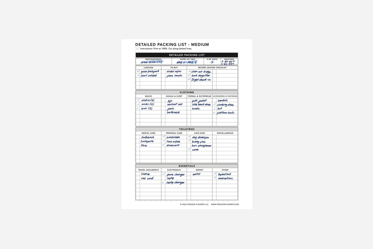 Packing List PDF - Passion Planner