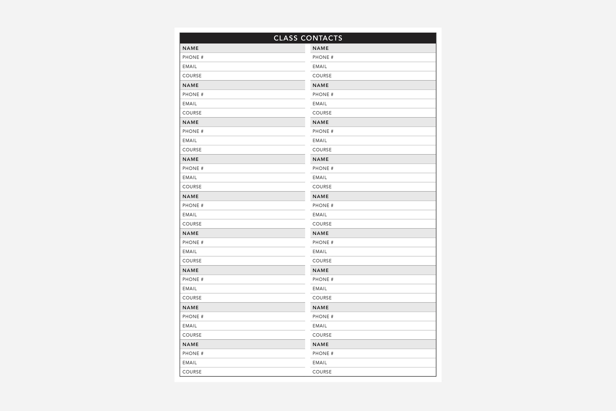 Class Contacts - Passion Planner
