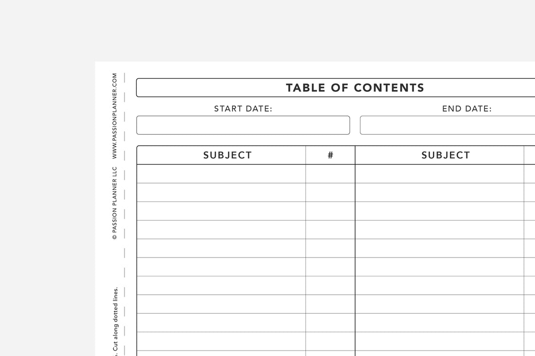 Passion Journal Table of Contents - Passion Planner