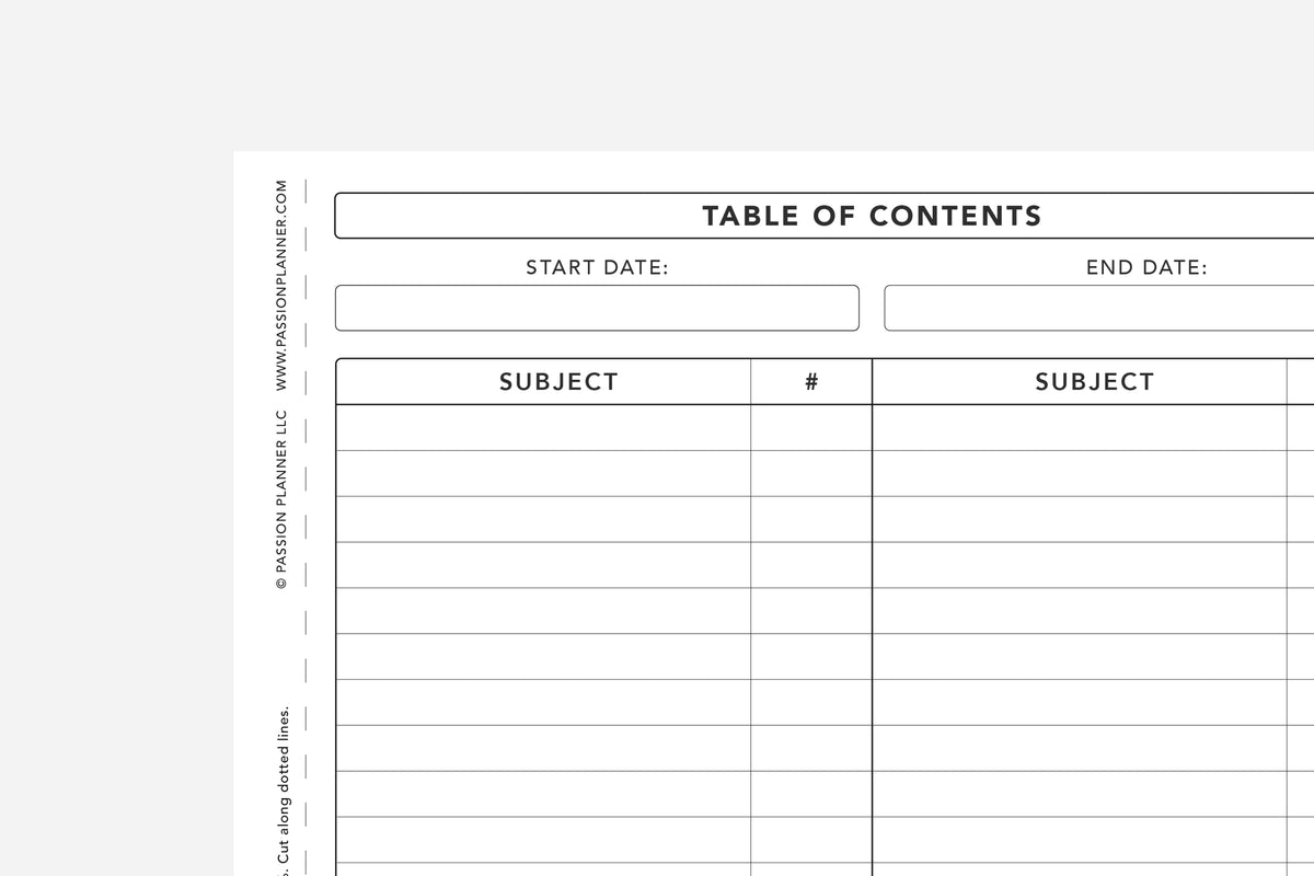 Passion Journal Table of Contents - Passion Planner