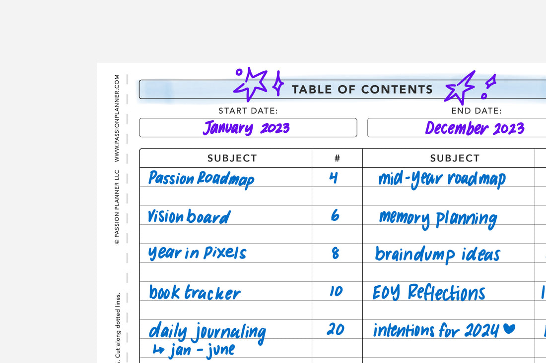 Passion Journal Table of Contents - Passion Planner