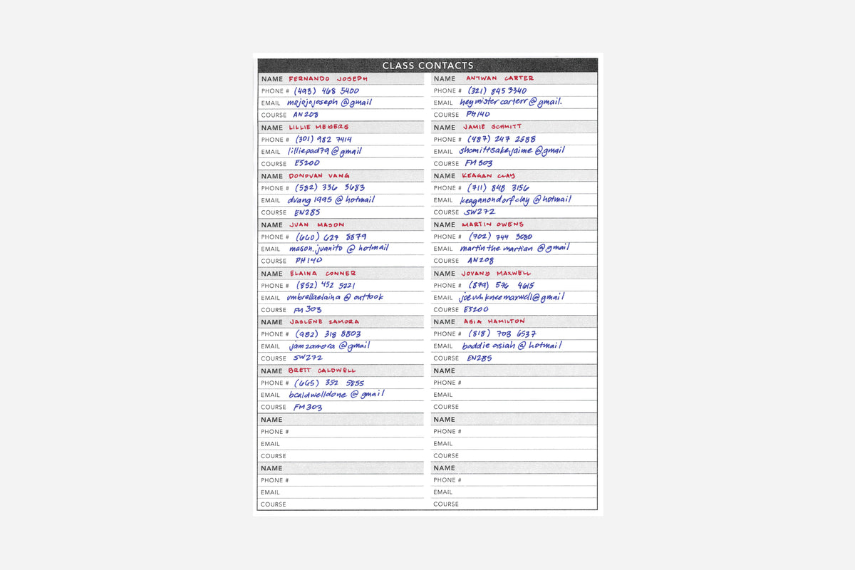 Class Contacts - Passion Planner