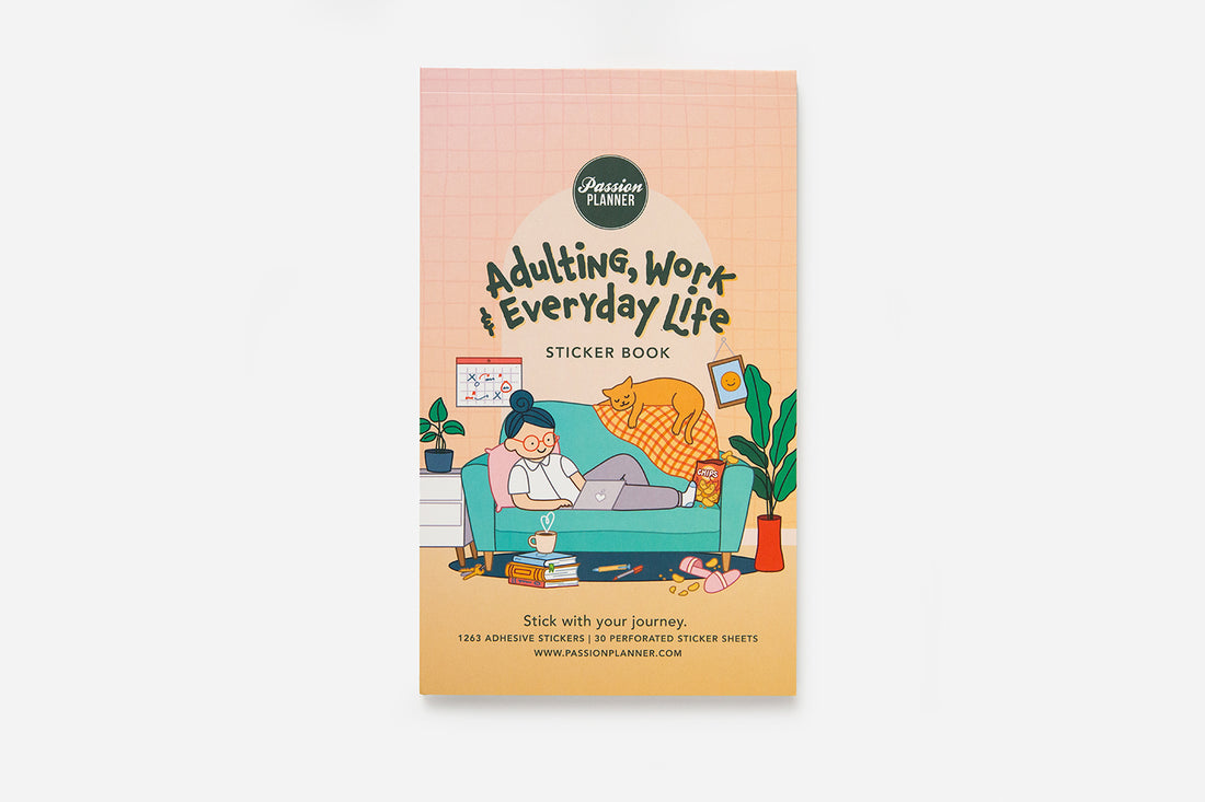 A sticker book with a cartoon illustration of a person working at a desk on the cover, titled &