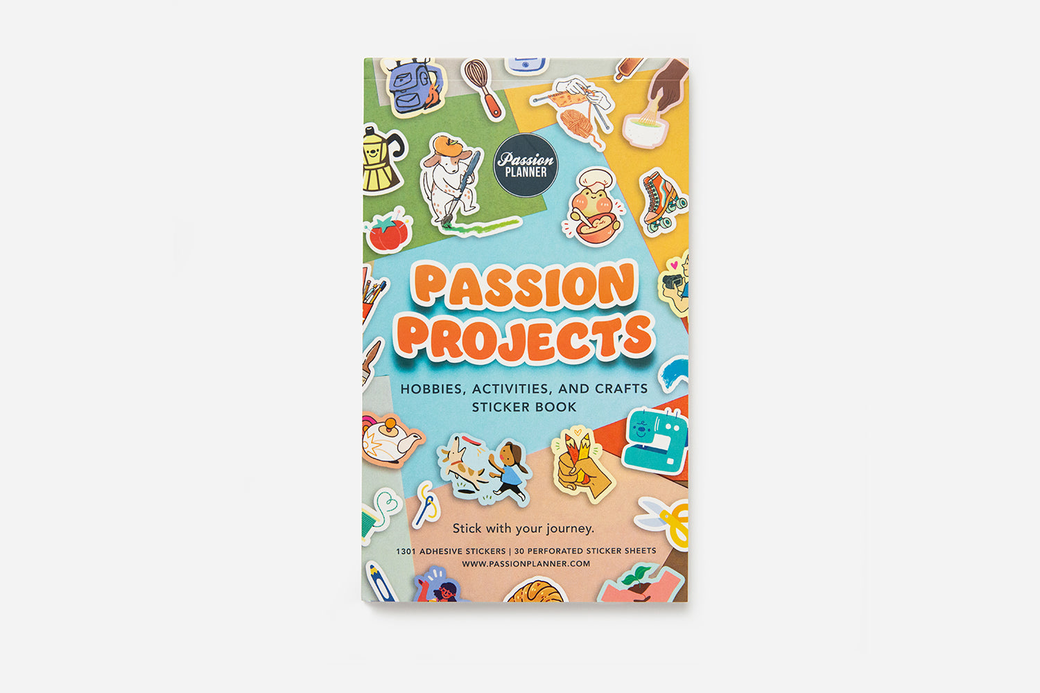 A colorful sticker book titled 'Passion Projects: Hobbies, Activities, and Crafts Sticker Book' featuring various hand-drawn illustrations of hobbies such as gardening, reading, and cooking.